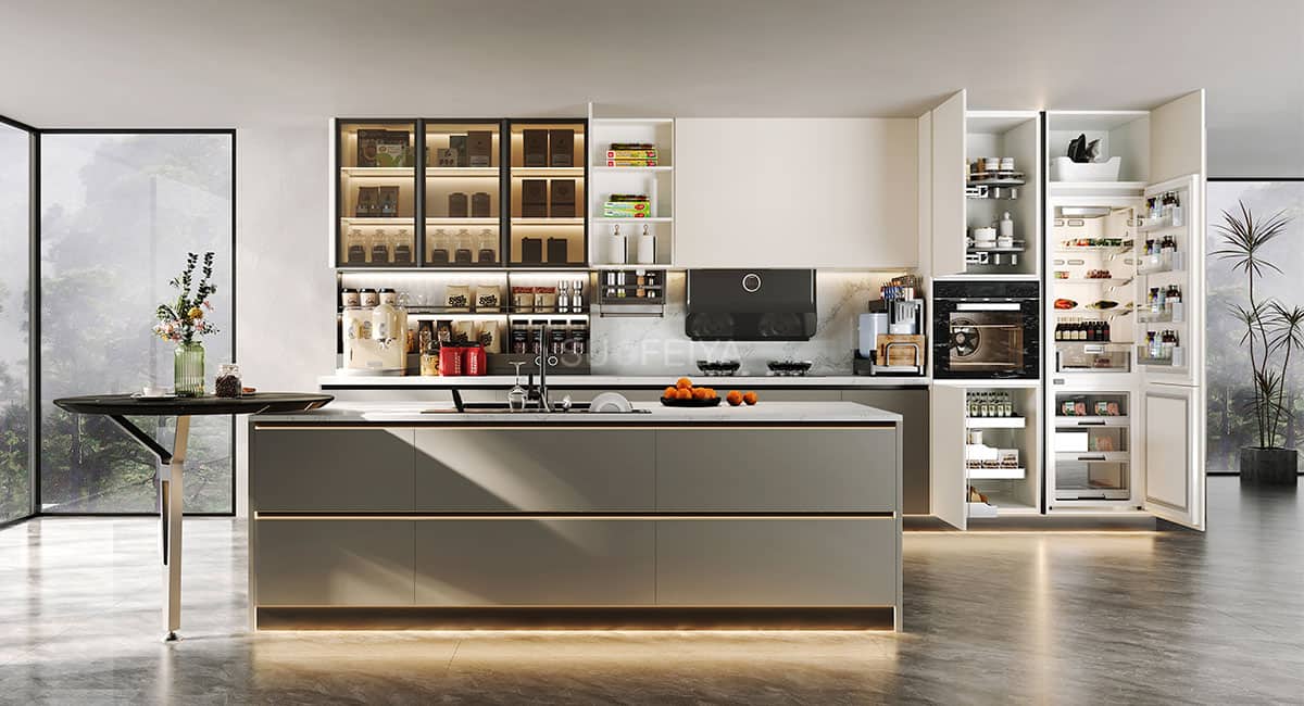 Light luxury flat panel handleless kitchen cabinet — frame 1
