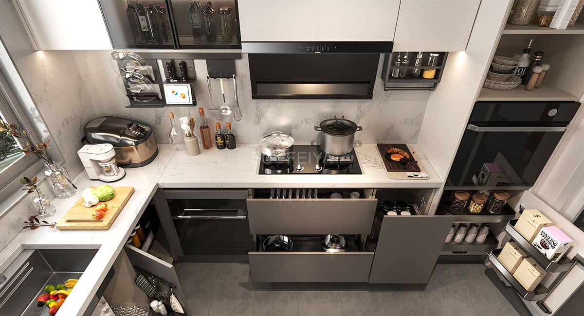 Modern L-shape integrated semi-open kitchen cabinet — frame 1