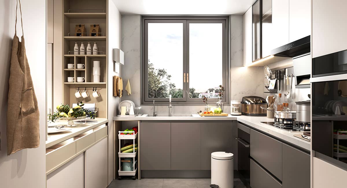 Modern L-shape integrated semi-open kitchen cabinet — frame 2