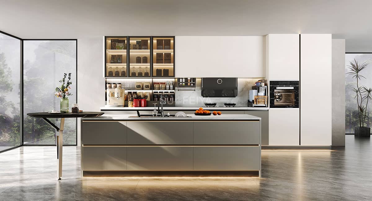 Light luxury flat panel handleless kitchen cabinet