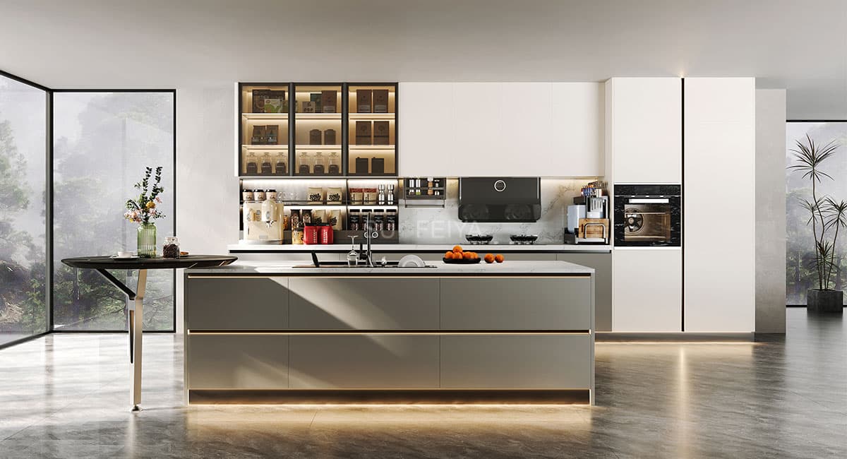 Light luxury flat panel handleless kitchen cabinet